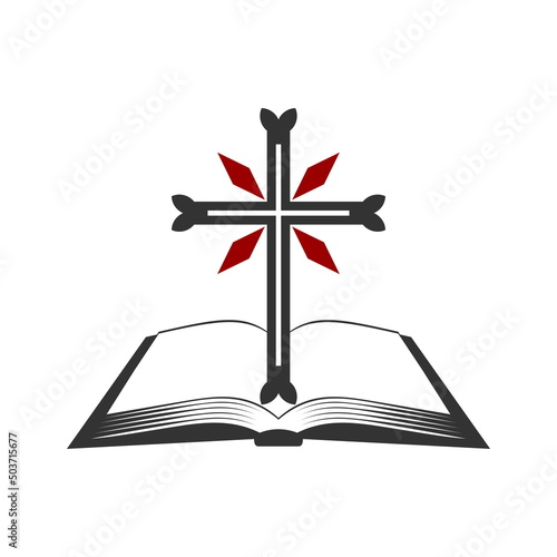 Christian illustration. Church logo. Cross of the Lord Jesus Christ and an open bible.