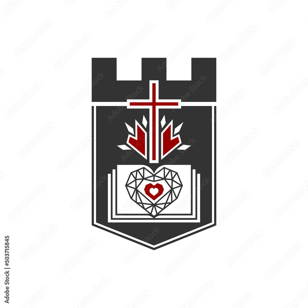 Christian illustration. Church logo. Cross of Jesus Christ on the background of the fortress, bible and diamond. Christian illustration. Church logo. Cross of Jesus Christ on the background of the fortress, bible and diamond.