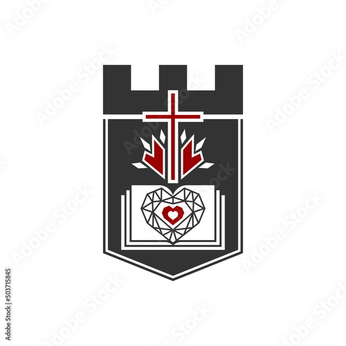 Christian illustration. Church logo. Cross of Jesus Christ on the background of the fortress, bible and diamond.