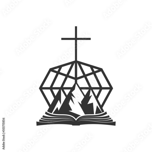 Christian illustration. Church logo. Cross of Jesus Christ Calvary of the world.