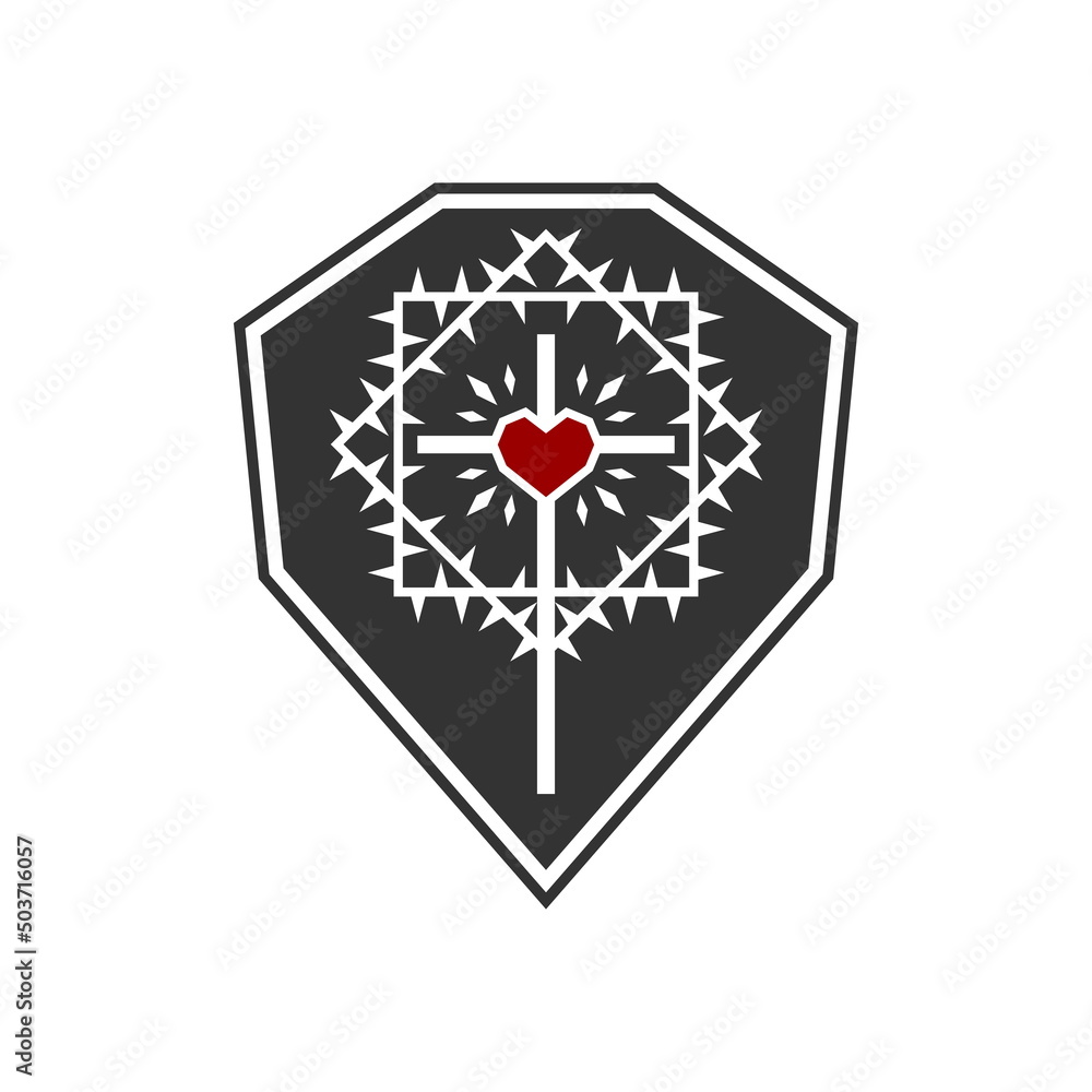 Christian illustration. Church logo. The cross of Jesus Christ with a heart framed by a crown of thorns against the background of a shield. Christian illustration. Church logo. The cross of Jesus Christ with a heart framed by a crown of thorns against the background of a shield.
