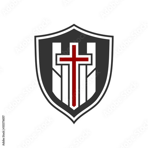 Christian illustration. Church logo. Cross of Jesus Christ against the background of a fortress and a shield.