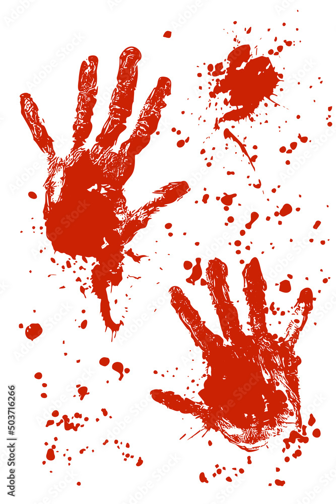 Bloody handprint with splashes and stains. Palm imprint. Decoration for
