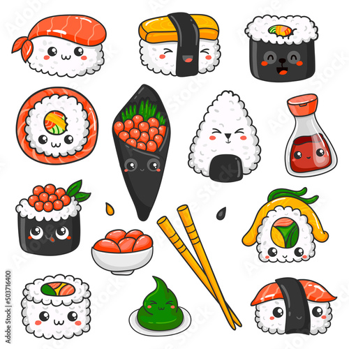 Collection of kawaii sushi set.