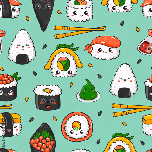 Seamless pattern with kawaii sushi.