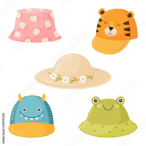 Set of cartoon children s summer hats. Collection of hats for boys and girls from the sun.