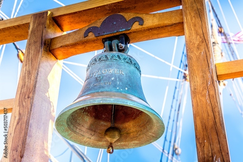 The ship bell of the historic Mayflower in the harbor of Plymouth, Massachusetts