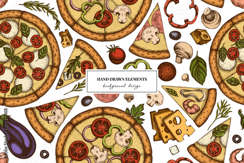 Pizza seamless pattern background design. Engraved style. Hand drawn greek, margherita, pepperoni, veggie, ham and mushrooms and seafood pizzas.