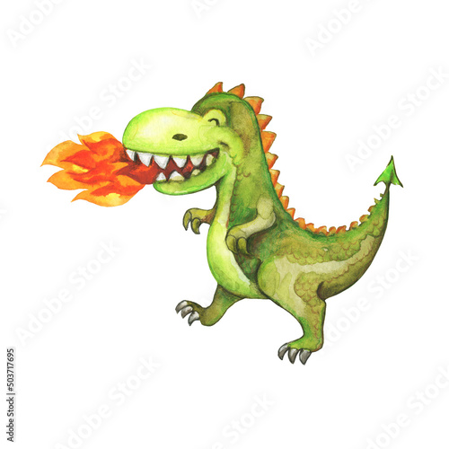 Fototapeta Naklejka Na Ścianę i Meble -  Cartoon watercolour dragon, fire breathing dragon.