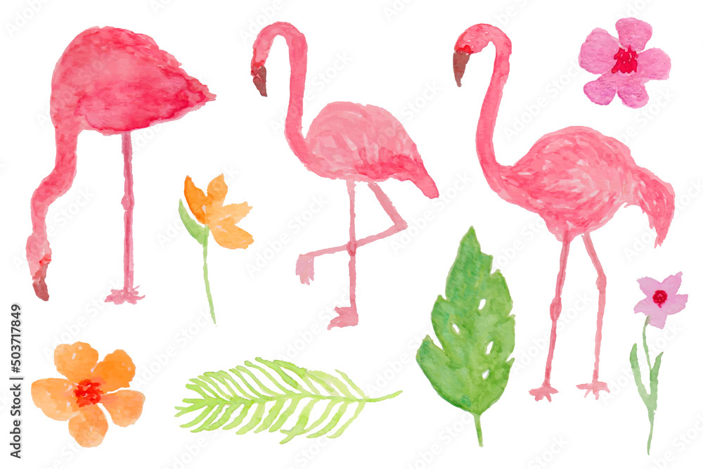 set of summer pink flamingo and tropical plant