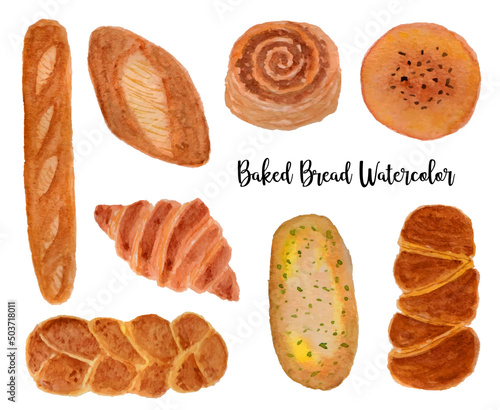 set of kinds of baked bread watercolor