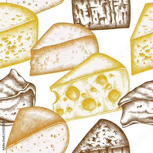 Cheese seamless pattern background design. Engraved style. Hand drawn brie, gouda cheese, roquefort, etc.
