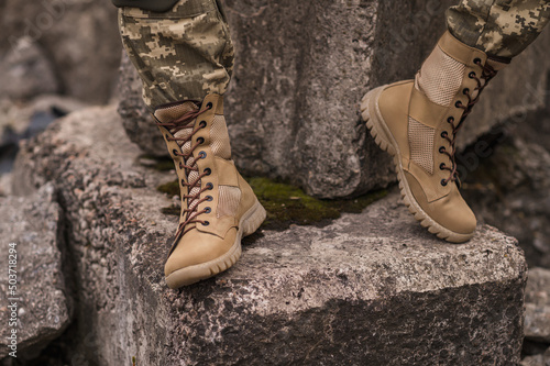 Canvas A soldier shod in special tactical khaki shoes