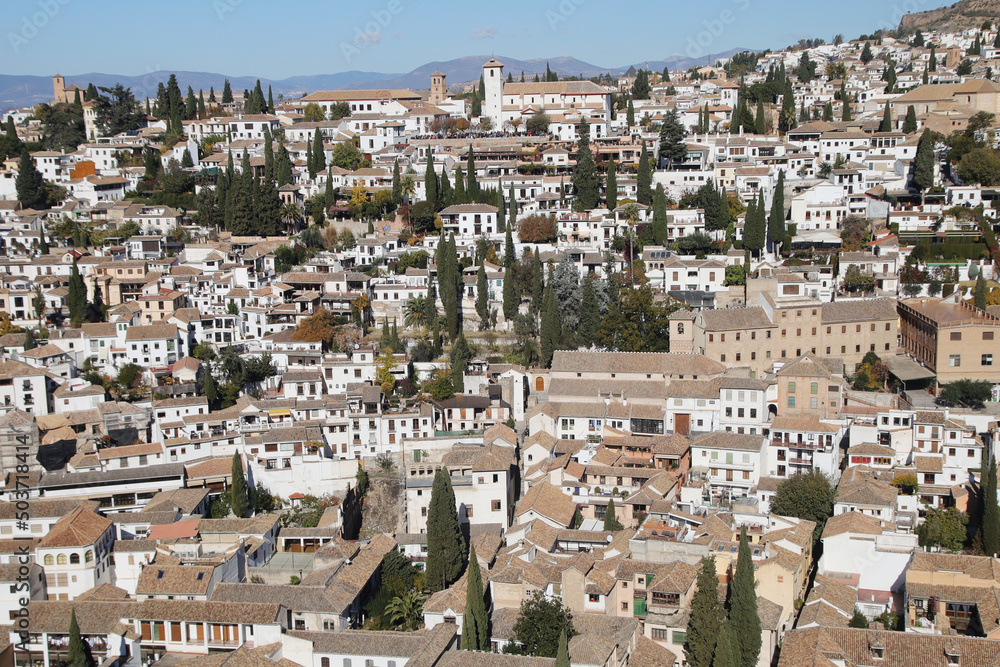 The panorama of old town of Granada, Albaicin, in Spain	