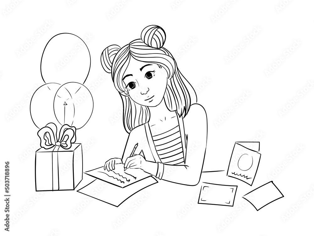 The girl signs postcards or invitations. People are preparing for a birthday party and celebrating the holiday. Preparation for the holiday. Vector illustration isolated on white background. The girl signs postcards or invitations. People are preparing for a birthday party and celebrating the holiday. Preparation for the holiday. Vector illustration isolated on white background.