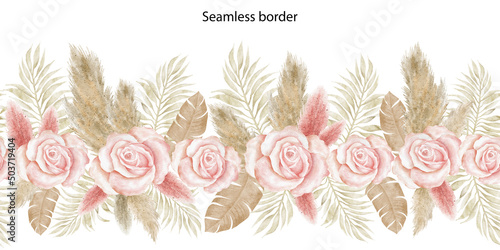 Watercolor seamless pattern. Boho tropical floral border. Dried palm leaf, pink rose flower, pampas grass. Arrangement. Design element for Bohemian card making. Isolated on white background. © LuckPicture