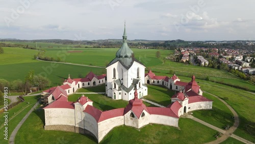 Aerial Drone footage of Pilgrimage Church of Saint John of Nepomuk in Zdar nad Sazavou, Czech republic. Unesco photo