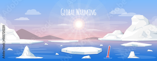 Global warming concept, long-term increase in average temperature of Earths climate system. Melting of Antarctic ice, glaciers, air pollution. Saving planet Earth and environmental care illustration