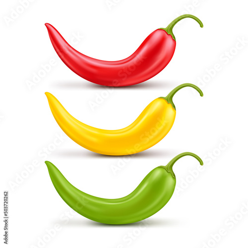 A set of three hot chili peppers, different colors, red, yellow and green. Elements for design. Vector realistic icons.