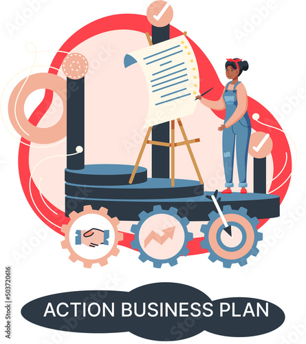 Action business plan, development strategies, foreseeing market risks. Company success secret, idea growing business achieve target metaphor, study production and sales market. Strategic biz planning