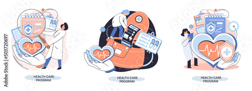 Health care program metaphor, online medical services, protection medicine. Medical insurance, hospital services, preventive check up, sick leave certificate treatment diagnosis patients, telemedicine