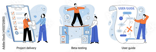 Customer experience, project delivery, beta testing, user guide. Software development, new product launch, technical helpdesk abstract metaphor. Customized software plan for users vector metaphor