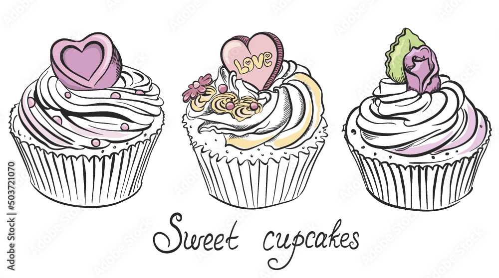 Valentines set cupcakes with icing hearts and cream Flowers. Hand drawn vector illustration Valentines set cupcakes with icing hearts and cream Flowers. Hand drawn vector illustration