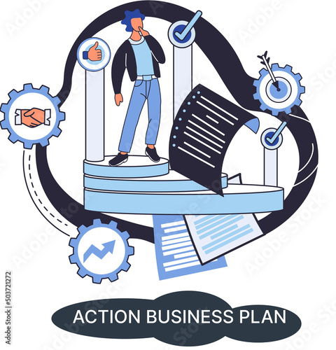 Action business plan, development strategies, foreseeing market risks. Company success secret, idea growing business achieve target metaphor, study production and sales market. Strategic biz planning