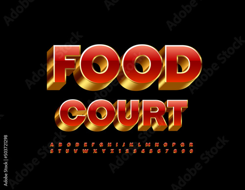 Vector chic logo Food Court. Red and Golden Modern Font. Artistic Alphabet Letters and Numbers set