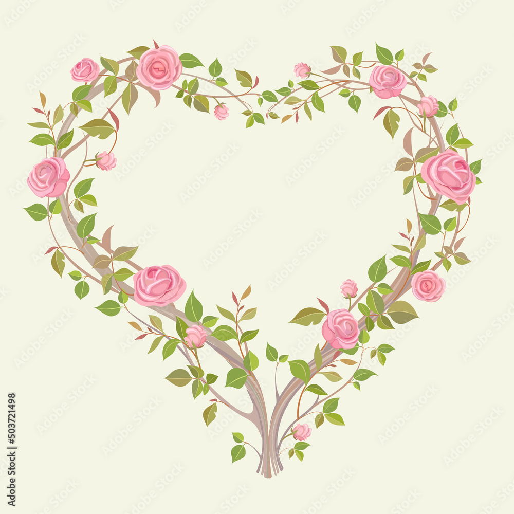 Lovely wreath of beautiful pink roses in the shape of a heart, decoration for a card or invitation