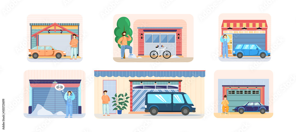 Garage with automatic gates. Vehicle storage space, room for cars inside house. Gates with lifting mechanism, place for automobile parking. Car near garage in modern residental building Garage with automatic gates. Vehicle storage space, room for cars inside house. Gates with lifting mechanism, place for automobile parking. Car near garage in modern residental building