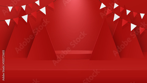 Merry Christmas banner with podium platform and christmas tree on red background. Happy new year stand to show product for christmas