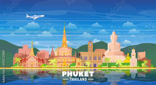 Phuket ( Thailand ) skyline with panorama in colors background. Vector Illustration. Business travel and tourism concept with modern buildings.