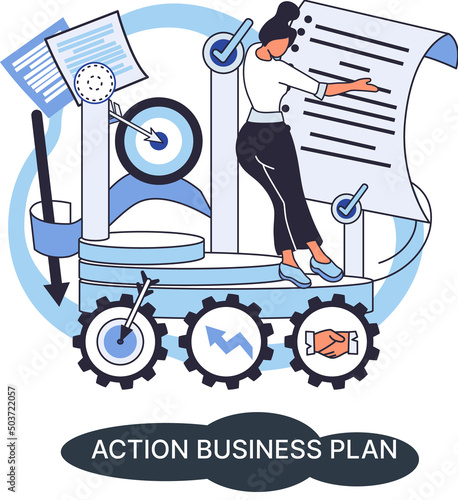Action business plan, development strategies, foreseeing market risks. Company success secret, idea growing business achieve target metaphor, study production and sales market. Strategic biz planning