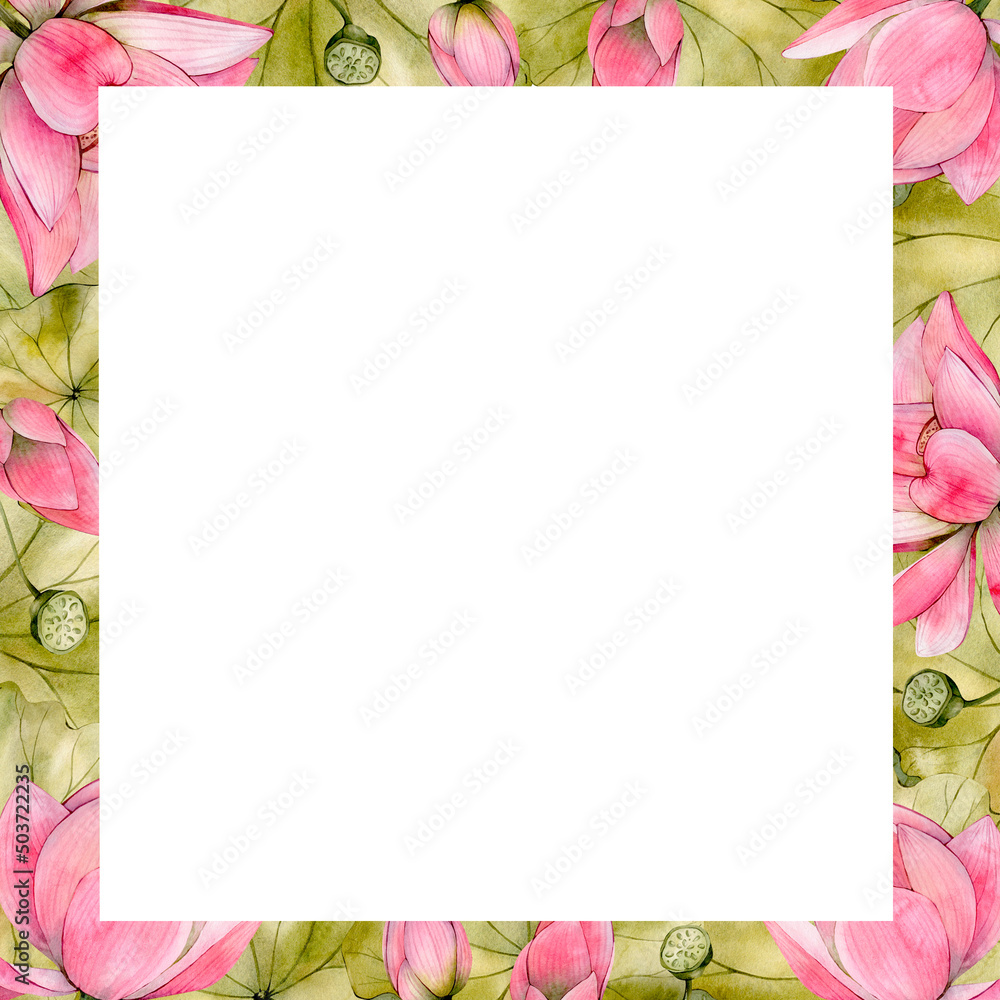 Obraz premium Pink Watercolor Hand Drawn Lotus Flower Frame. Watercolour Water Lily Floral Leaf and Bud Illustration isolated on white background 