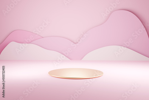 podium for displaying products  3d rendering. golden pedestal on pink background with copy space