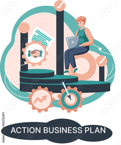 Action business plan, development strategies, foreseeing market risks. Company success secret, idea growing business achieve target metaphor, study production and sales market. Strategic biz planning