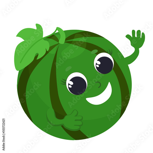 Watermelon in cartoon style. A fruit with a face and a leaf is happy and smiling. Watermelon for baby food, packaging, for fruit puree or juice or baby gel and shampoo.