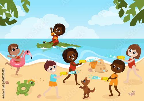 Children of various nationalities have fun on the beach, play water battle with water guns, play with a dog and swim on a water scooter and an inflatable crocodile.