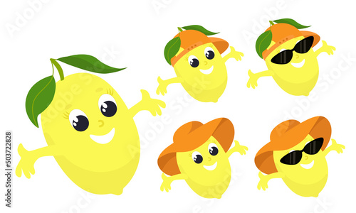 Lemon character design in cartoon style. A fruit with a face in glasses and a baseball cap is happy and smiling in both glasses and a hat. Lemon for baby food, packaging, for fruit puree.