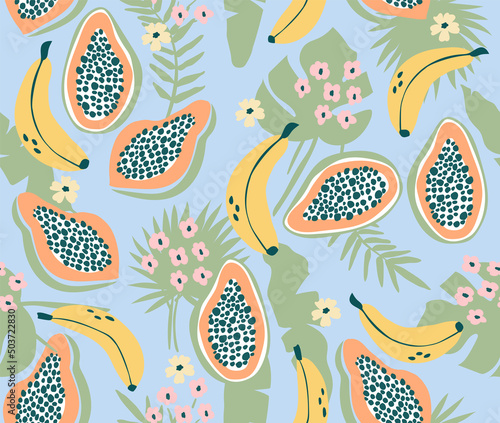 Seamless pattern with tropical fruits. Background with bananas, papaya and flowers.