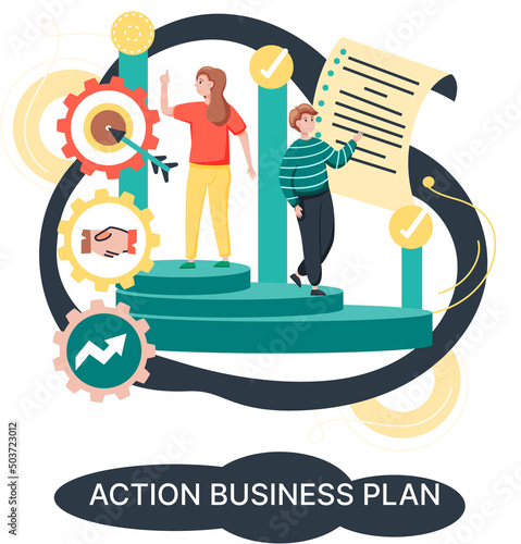 Action business plan, development strategies, foreseeing market risks. Company success secret, idea growing business achieve target metaphor, study production and sales market. Strategic biz planning