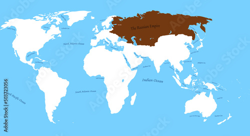 Map of Russian Empire 1905 Year the largest borders with all  world and sea ocen names