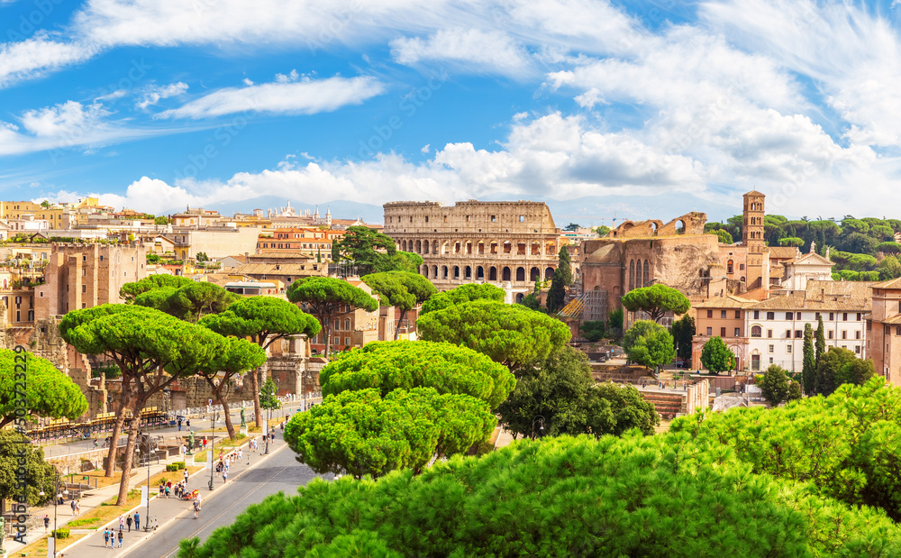 Skyline view of Forum, Capitoline Hill, Coliseum, Rome, Italy