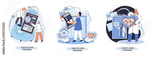 Health care program metaphor, online medical services, protection medicine. Medical insurance, hospital services, preventive check up, sick leave certificate treatment diagnosis patients, telemedicine