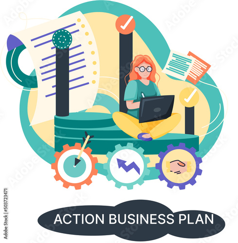 Action business plan, development strategies, foreseeing market risks. Company success secret, idea growing business achieve target metaphor, study production and sales market. Strategic biz planning