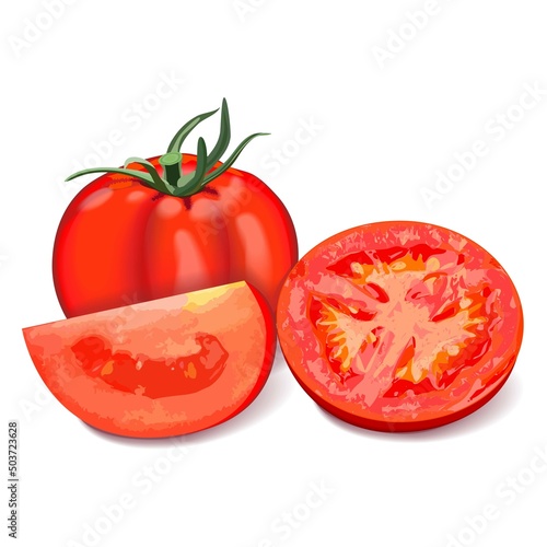 Composition of a whole, quarter, and half tomatoes. Red Globe tomato for banners, flyers, social media. Fresh organic, diet and vegetarian vegetables. Vector illustration isolated on white background