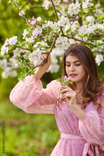 a young woman in a pink dress posing next to a blossoming apple, spring portrait. © czamfir