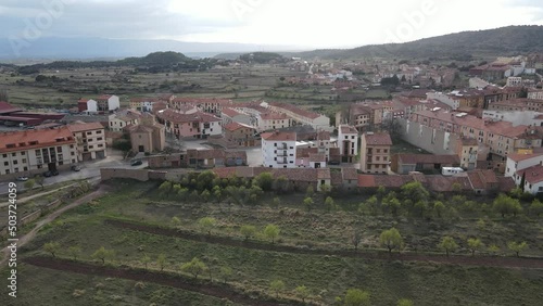 Aerial views from Mora de Rubielos, Teruel, Aragón, Spain. Drone views from Mora de Rubielo's Town on the sunset.