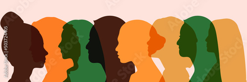 Communication group of multicultural diversity women and girls - face silhouette profile Fototapet